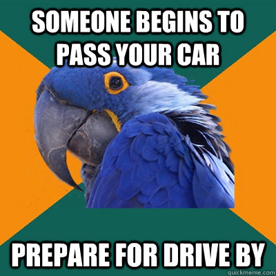 Someone begins to pass your car prepare for drive by  Paranoid Parrot