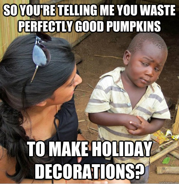 So you're telling me you waste perfectly good pumpkins To make holiday decorations?  Skeptical Third World Kid