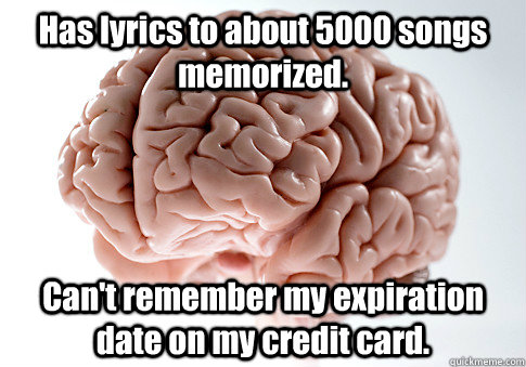 Has lyrics to about 5000 songs memorized. Can't remember my expiration date on my credit card.    Scumbag Brain