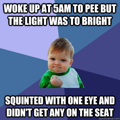 Woke up at 5am to pee but the light was to bright Squinted with one eye and didn't get any on the seat  Success Kid