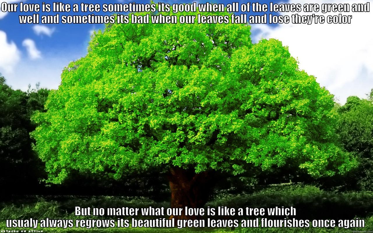 OUR LOVE IS LIKE A TREE SOMETIMES ITS GOOD WHEN ALL OF THE LEAVES ARE GREEN AND WELL AND SOMETIMES ITS BAD WHEN OUR LEAVES FALL AND LOSE THEY'RE COLOR BUT NO MATTER WHAT OUR LOVE IS LIKE A TREE WHICH USUALY ALWAYS REGROWS ITS BEAUTIFUL GREEN LEAVES AND FLOURISHES ONCE AGAIN Misc
