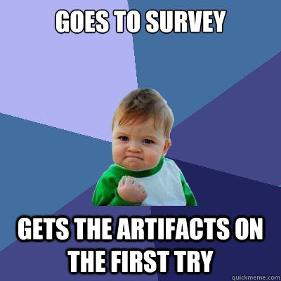 Goes to Survey gets the artifacts on the first try  Success Kid