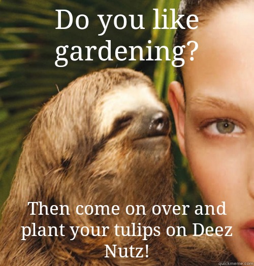 Do you like gardening? Then come on over and plant your tulips on Deez Nutz!  Whispering Sloth