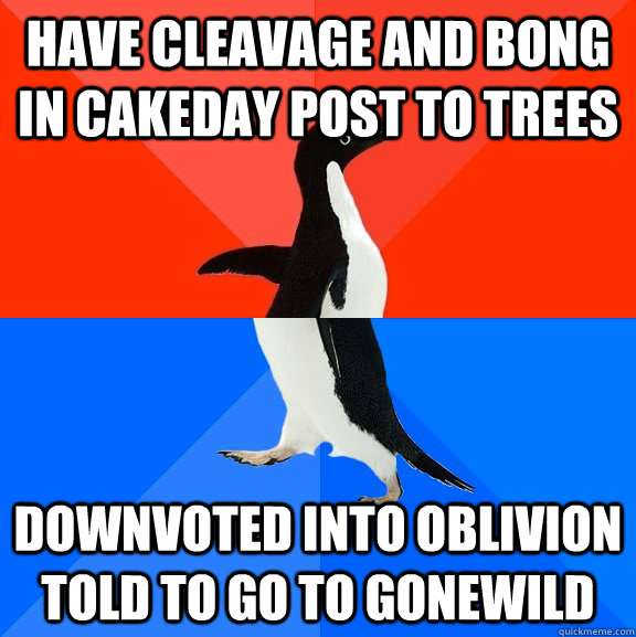 Have cleavage and bong in cakeday post to trees Downvoted into oblivion told to go to gonewild  Socially Awesome Awkward Penguin