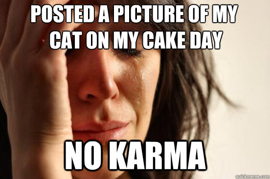 Posted a picture of my
 cat on my cake day No karma  First World Problems