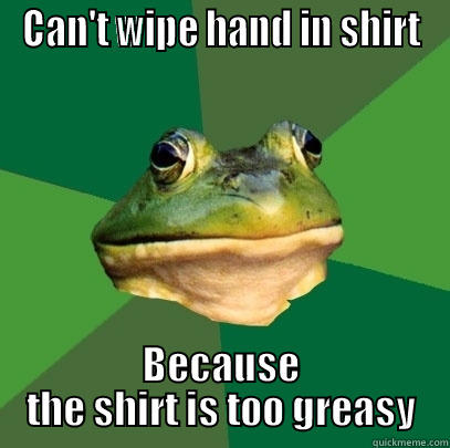 CAN'T WIPE HAND IN SHIRT BECAUSE THE SHIRT IS TOO GREASY Foul Bachelor Frog