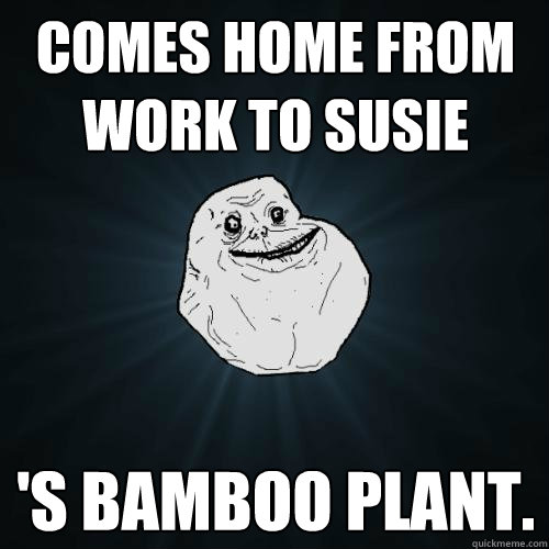 Comes home from work to Susie 's bamboo plant.  Forever Alone