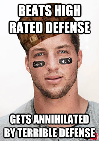 beats high rated defense gets annihilated by terrible defense  scumbag tebow