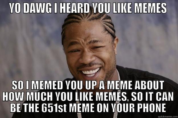 You Like Memes - YO DAWG I HEARD YOU LIKE MEMES SO I MEMED YOU UP A MEME ABOUT HOW MUCH YOU LIKE MEMES, SO IT CAN BE THE 651ST MEME ON YOUR PHONE Xzibit meme