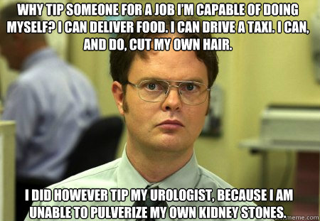 Why tip someone for a job I’m capable of doing myself? I can deliver food. I can drive a taxi. I can, and do, cut my own hair.  I did however tip my urologist, because I am unable to pulverize my own kidney stones.
 - Why tip someone for a job I’m capable of doing myself? I can deliver food. I can drive a taxi. I can, and do, cut my own hair.  I did however tip my urologist, because I am unable to pulverize my own kidney stones.
  Dwight