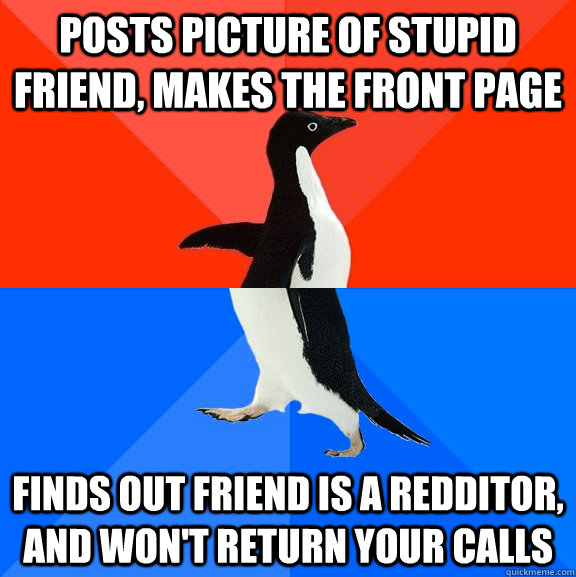 posts picture of stupid friend, makes the front page finds out friend is a redditor, and won't return your calls  Socially Awesome Awkward Penguin