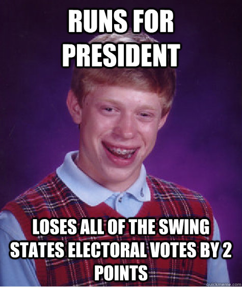 runs for president loses all of the swing states electoral votes by 2 points  Bad Luck Brian