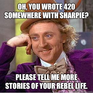 Oh, you wrote 420 somewhere with sharpie? Please tell me more stories of your rebel life.  Condescending Wonka