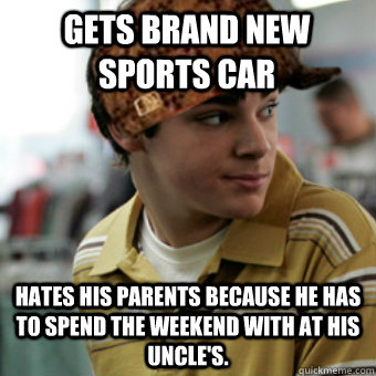 Gets brand new sports car Hates his parents because he has to spend the weekend with at his uncle's. - Gets brand new sports car Hates his parents because he has to spend the weekend with at his uncle's.  Scumbag Walt Jr.