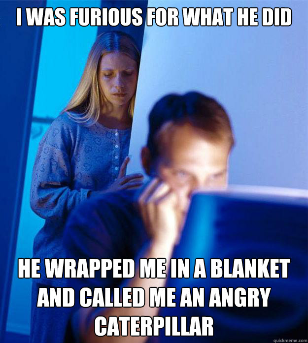 I was furious for what he did he wrapped me in a blanket and called me an angry caterpillar  Redditors Wife