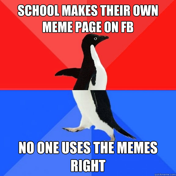 School makes their own meme page on fb no one uses the memes right  Socially Awksome Penguin