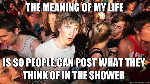 The meaning of my life
 is so people can post what they think of in the shower  Sudden Clarity Clarence