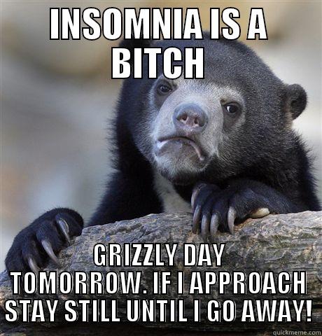 INSOMNIA IS A BITCH GRIZZLY DAY TOMORROW. IF I APPROACH STAY STILL UNTIL I GO AWAY! Confession Bear
