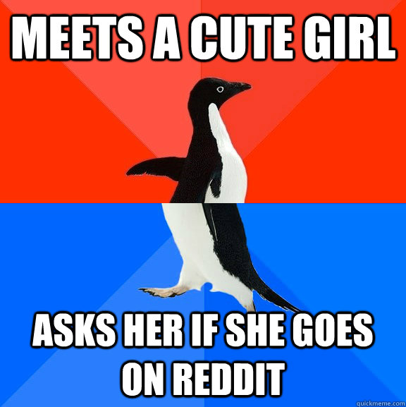 Meets a cute girl Asks her if she goes on reddit  Socially Awesome Awkward Penguin