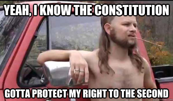 Yeah, I know the constitution Gotta protect my right to the second  Almost Politically Correct Redneck