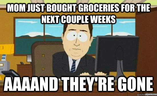 Mom just bought groceries for the next couple weeks AAAAND THEY'RE Gone  aaaand its gone
