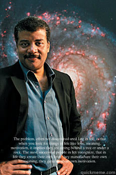  The problem, often not discovered until late in life, is that when you look for things in life like love, meaning, motivation, it implies they are sitting behind a tree or under a rock. The most successful people in life recognize, that in life they crea  Neil deGrasse Tyson