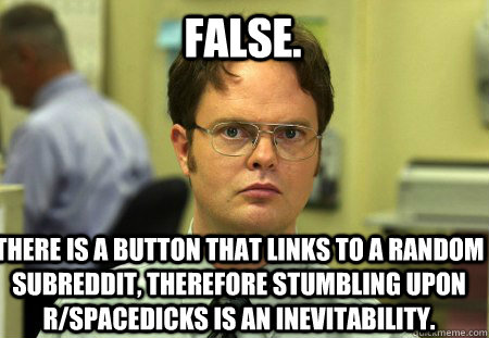 False. There is a button that links to a random subreddit, therefore stumbling upon r/spacedicks is an inevitability. - False. There is a button that links to a random subreddit, therefore stumbling upon r/spacedicks is an inevitability.  Schrute