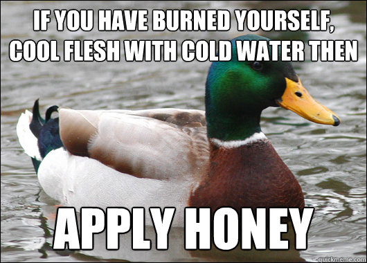 If you have burned yourself, cool flesh with cold water then apply honey  Actual Advice Mallard