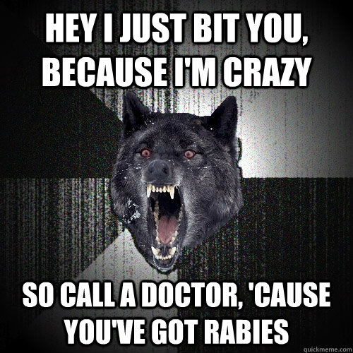 hey i just bit you, because i'm crazy so call a doctor, 'cause you've got rabies  Insanity Wolf