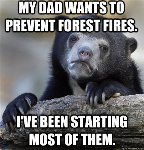 My dad wants to prevent forest fires. I've been starting most of them.  Confession Bear