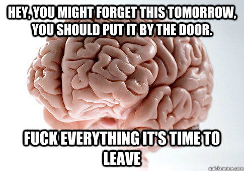 HEY, YOU MIGHT FORGET THIS TOMORROW, YOU SHOULD PUT IT BY THE DOOR. FUCK EVERYTHING IT'S TIME TO LEAVE   Scumbag Brain
