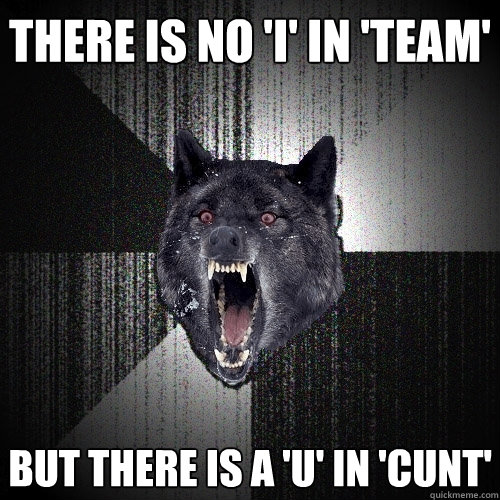 there is no 'i' in 'team' but there is a 'u' in 'cunt'  Insanity Wolf