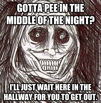 Gotta pee in the middle of the night? I'll just wait here in the hallway for you to get out. - Gotta pee in the middle of the night? I'll just wait here in the hallway for you to get out.  Horrifying Houseguest