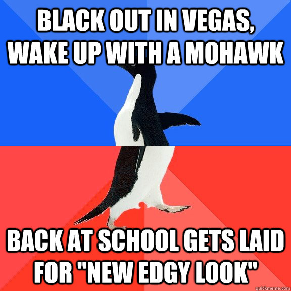 black out in vegas, wake up with a mohawk back at school gets laid for 