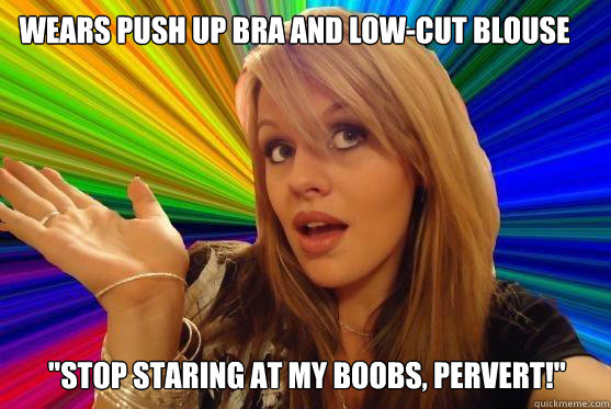 wears push up bra and low-cut blouse  