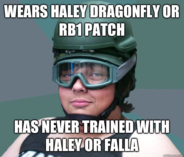 Wears haley dragonfly or rb1 patch Has never trained with haley or falla  