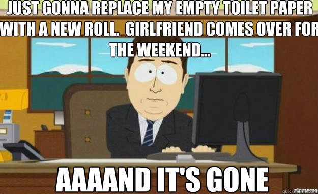 Just gonna replace my empty toilet paper with a new roll.  Girlfriend comes over for the weekend... AAAAND it's gone  aaaand its gone