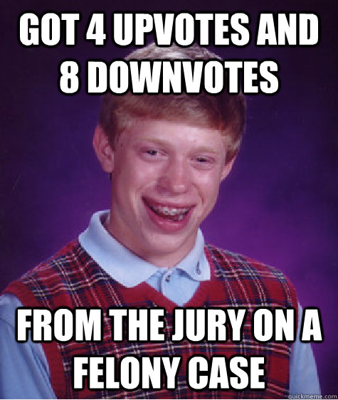 Got 4 upvotes and 8 downvotes from the jury on a felony case  Bad Luck Brian