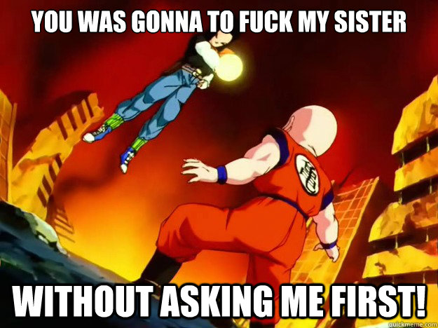 you was gonna to fuck my sister without asking me first! - you was gonna to fuck my sister without asking me first!  krillin meme