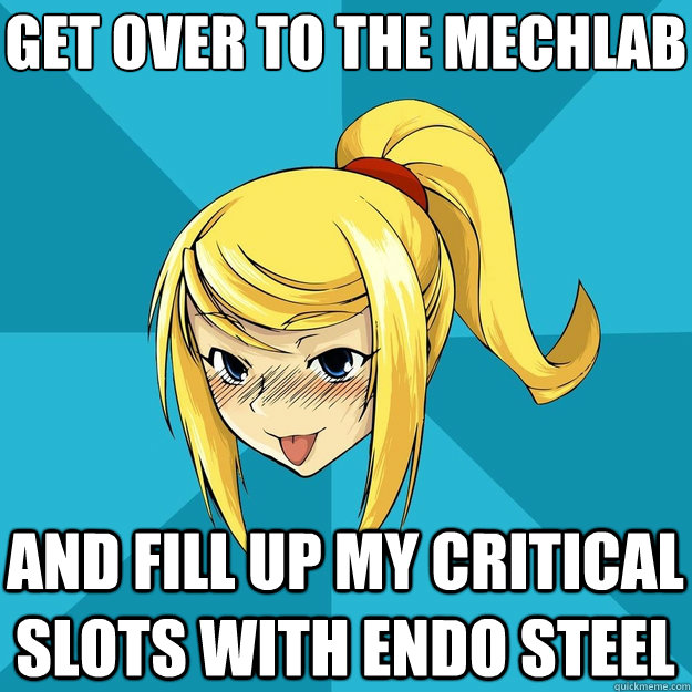 Get over to the mechlab And fill up my critical slots with endo steel  Horny Samus