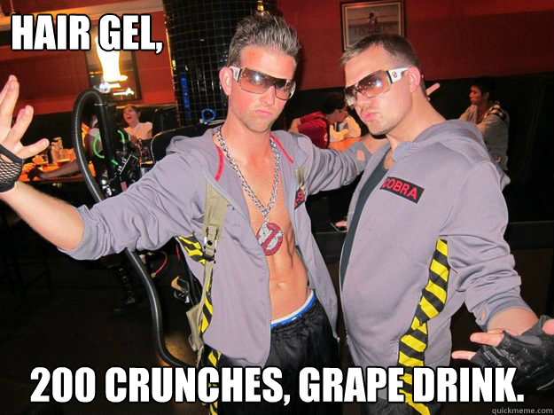 Hair Gel, 200 crunches, Grape drink.  