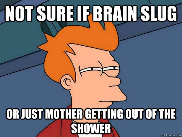 Not sure if brain slug Or just mother getting out of the shower  Futurama Fry