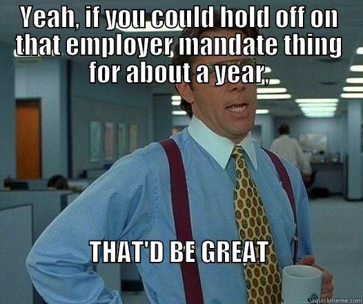 YEAH, IF YOU COULD HOLD OFF ON THAT EMPLOYER MANDATE THING FOR ABOUT A YEAR, THAT'D BE GREAT                                                               Office Space Lumbergh