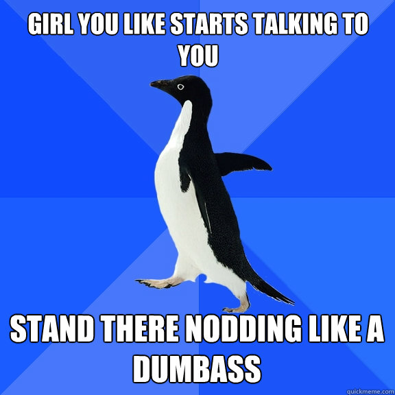 GIrl you like starts talking to you Stand there nodding like a dumbass  Socially Awkward Penguin