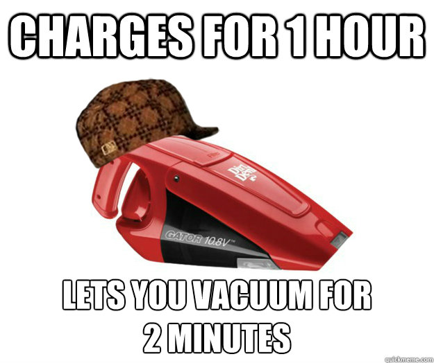Charges for 1 hour Lets you vacuum for 
2 minutes  Scumbag Vacuum