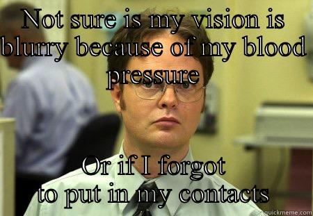 For T - NOT SURE IS MY VISION IS BLURRY BECAUSE OF MY BLOOD PRESSURE OR IF I FORGOT TO PUT IN MY CONTACTS Schrute