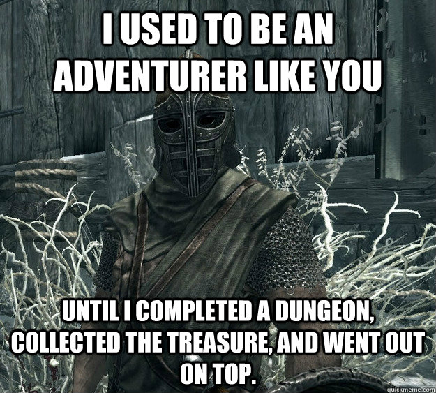 I used to be an adventurer like you Until I completed a dungeon, collected the treasure, and went out on top.  Rational Skyrim Guard