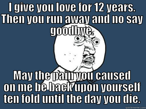 I GIVE YOU LOVE FOR 12 YEARS. THEN YOU RUN AWAY AND NO SAY GOODBYE. MAY THE PAIN YOU CAUSED ON ME BE BACK UPON YOURSELF TEN FOLD UNTIL THE DAY YOU DIE. Y U No