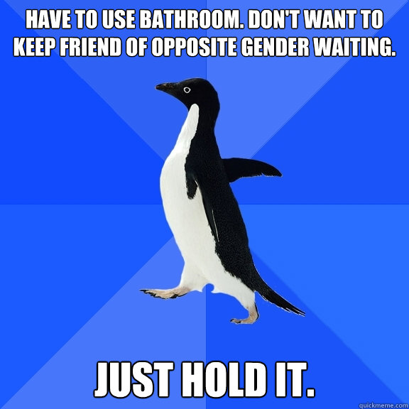Have to use bathroom. Don't want to keep friend of opposite gender waiting. Just hold it.  Socially Awkward Penguin