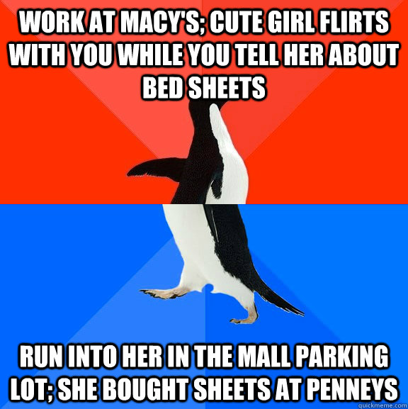 Work at Macy's; cute girl flirts with you while you tell her about bed sheets run into her in the mall parking lot; she bought sheets at penneys  Socially Awesome Awkward Penguin